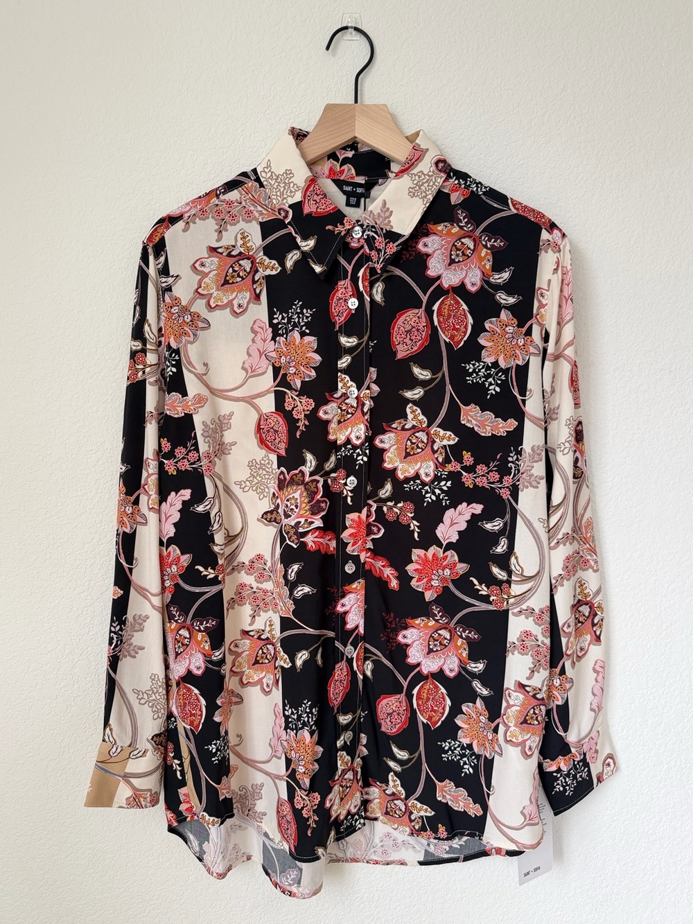 Saint+Sofia Floral Button-Up Long-Sleeve Shirt Black & Cream Size M NWT - Picture 2 of 11